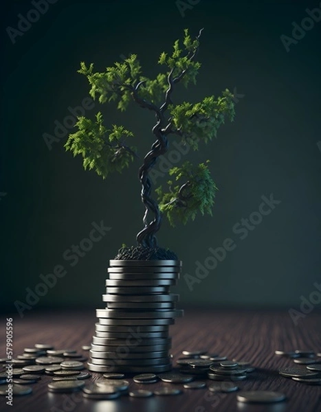 Obraz Trees growing on coin, stacking coins with green bokeh background, Business Finance and Money concept, Save money for prepare in the future, green finance, green growth, esg