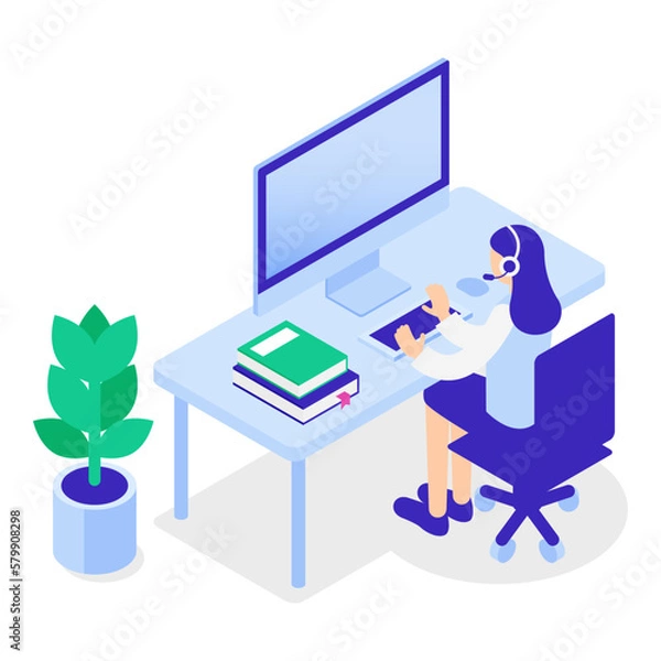 Fototapeta カスタマーサポート（女性）のアイソメトリックイラスト