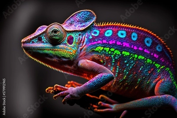 Obraz Color changing color gradient chameleon, strong neon glow in 8K created with generative ai technology