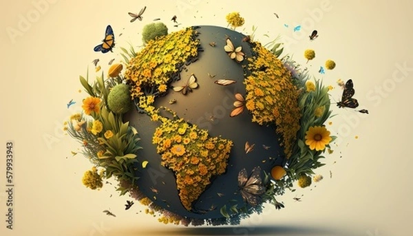 Fototapeta Earth Day: A Vibrant Eye-Catching Background Design Template of Earth in Shape of Beautiful Artistic Plants attract bees butterflies Perfect for Environmental Wildlife Projects (generative AI