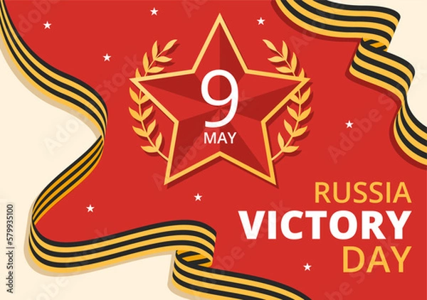 Fototapeta Russian Victory Day on May 9 Illustration with Medal Star Of The Hero and Great Patriotic War in Flat Cartoon Hand Drawn for Landing Page Templates