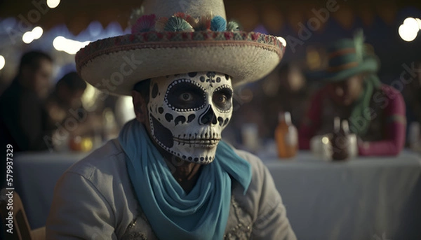 Fototapeta Mexican in a Mexican Sugar Skull mask at the Day of the Dead festival. Dia de los muertos, Mexican holiday of the dead and halloween. Generative AI