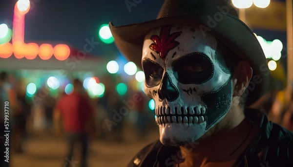 Fototapeta Mexican in a Mexican Sugar Skull mask at the Day of the Dead festival. Dia de los muertos, Mexican holiday of the dead and halloween. Generative AI