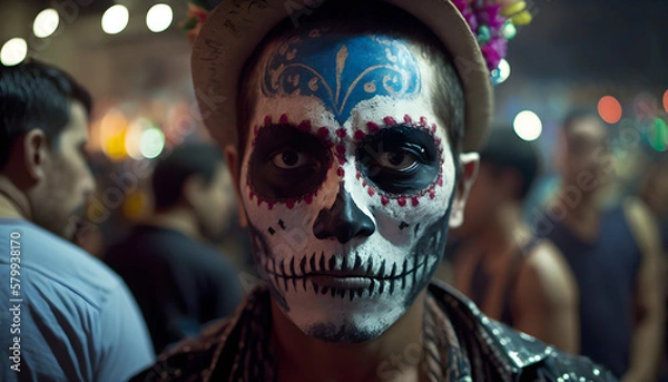 Obraz Mexican in a Mexican Sugar Skull mask at the Day of the Dead festival. Dia de los muertos, Mexican holiday of the dead and halloween. Generative AI