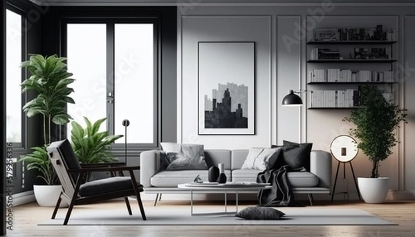 Fototapeta Modern minimalistic style bright living room interior with white walls, couch and coffee table. Generative AI