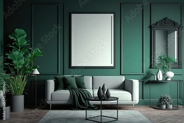Fototapeta Modern living room with plants, counter and frame.white green pastel color background Made With Generative AI