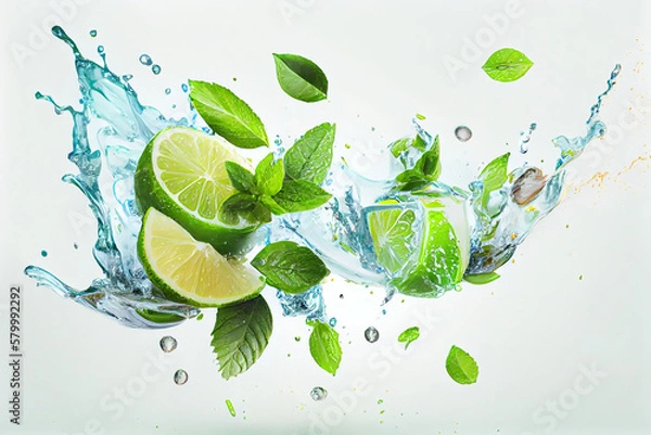 Fototapeta Water splash on white background with lime slices, mint leaves and ice cubes. generative ai