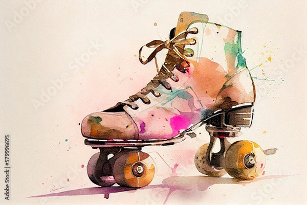 Obraz Retro roller skates drawing with bit of watercolour.