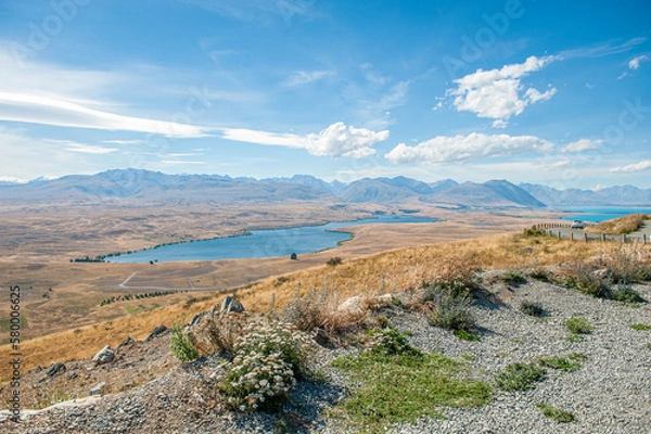 Fototapeta Aerial view from Mount John of Mackenzie country with Lake Alexandrina on South Island. This is one the most beautiful regions in New Zealand