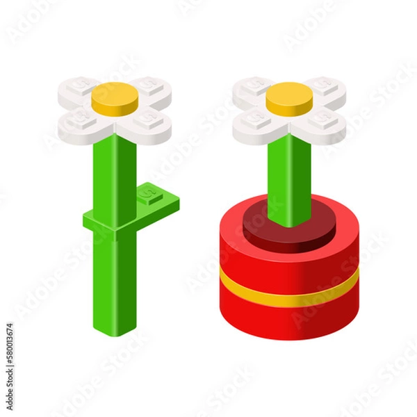 Fototapeta Chamomile from plastic blocks in isometric style for print and decoration. Vector illustration.
