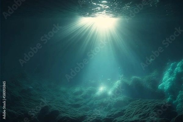 Fototapeta 水中 光 海底 魚 海 太陽 深海 泡 海藻 洞窟 青, generative ai