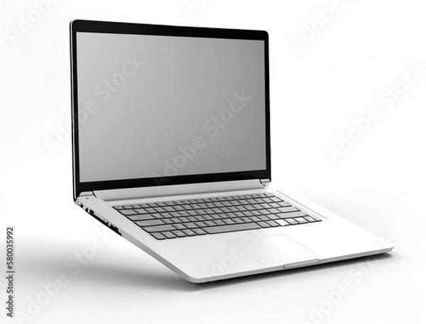 Fototapeta Overhanging aluminum laptop with a blank screen and a new design, on a white background. generative AI