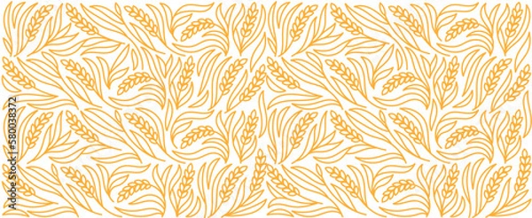 Fototapeta Cereal pattern for bakery. Spikelets and ears of wheat, rye or barley. Editable outline stroke. Vector line.