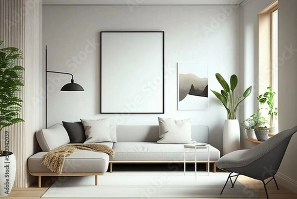 Obraz mock up poster frame in modern interior background, living room, Scandinavian style, 3D render, 3D illustration