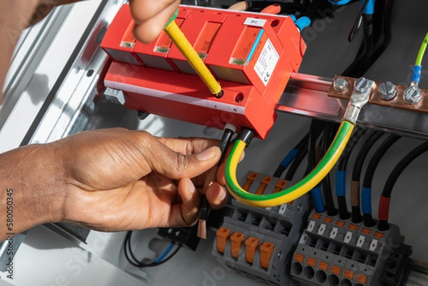 Fototapeta Worker cables a lightning arrester with a screwdriver