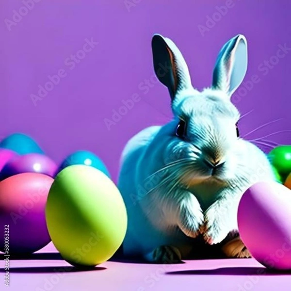Fototapeta easter bunny with eggs generative AI