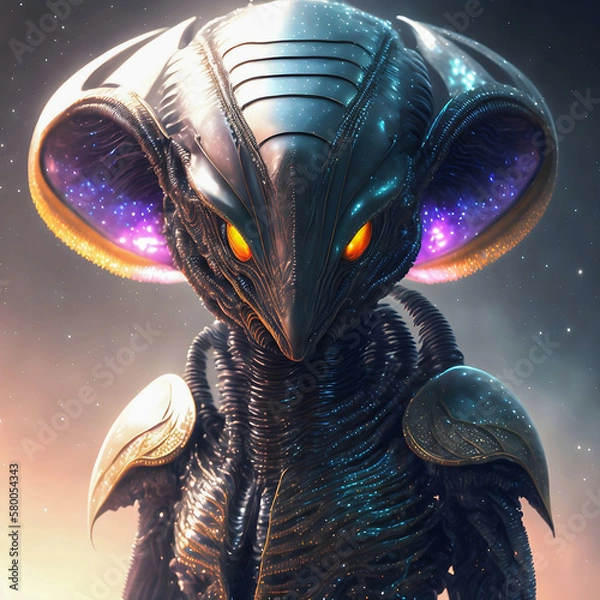 Fototapeta Fluorescent luminescent Alien with orange eyes and big ears from another galaxy.