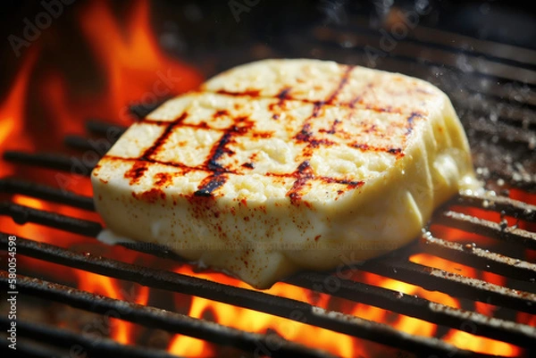 Fototapeta Bbq, grilled halloumi cheese on grill grate with fire. Close-up view. Created with Generative AI technology.