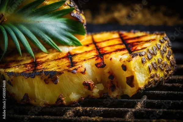Fototapeta Bbq, grilled pineapple on grill grate with fire. Close-up view. Summer picnic outdoors. Created with Generative AI technology.