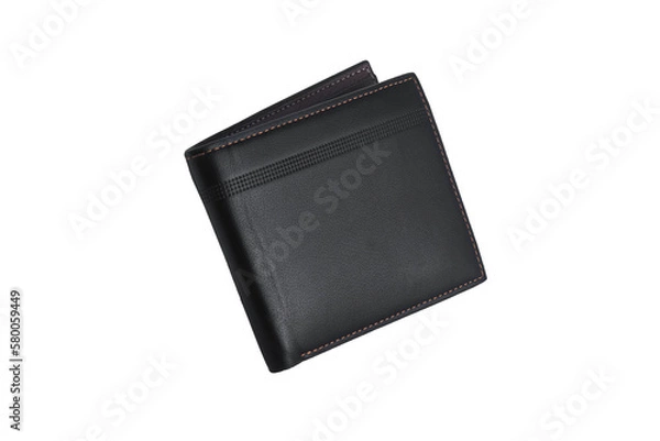 Fototapeta Top view of black leather wallet on transparent background. PNG format