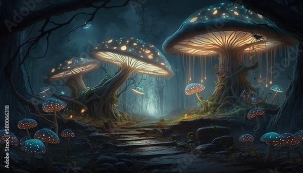 Fototapeta Enchanted Mushroom Grove with Illuminated Fairies