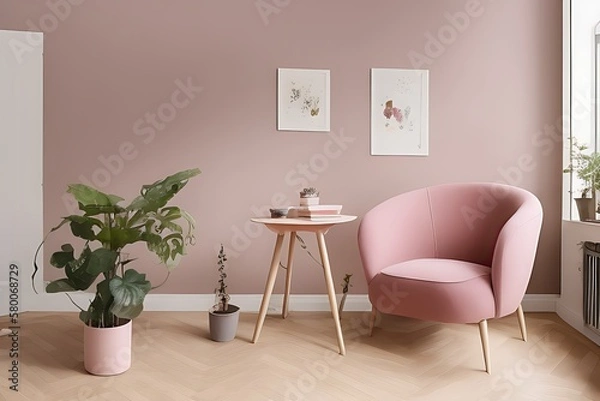 Fototapeta Stylish Armchair and Diffrent Potted Plants, Big Window, Minimalist Interior Design