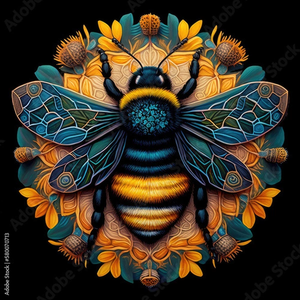 Fototapeta Colorful ornate bumblebee mandala art on a black background. Created with Generative AI technology.