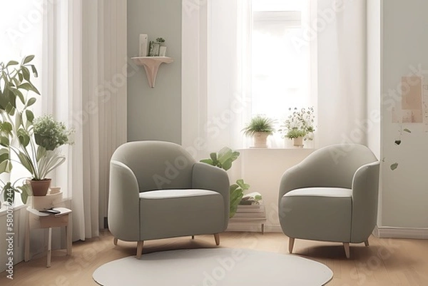 Fototapeta Stylish Armchair and Diffrent Potted Plants, Big Window, Minimalist Interior Design
