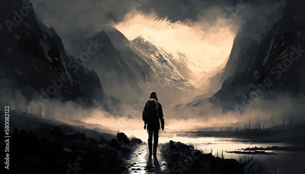 Obraz A hiker making their way up the mountain road. Watercolor illustration. Generative AI