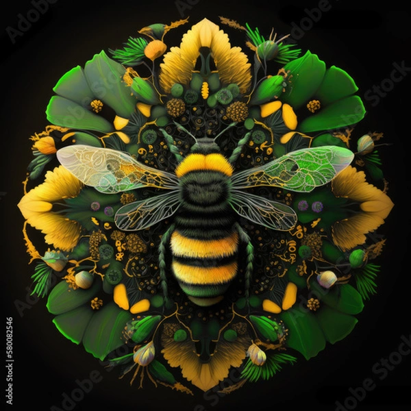 Fototapeta Colorful ornate bumblebee mandala art on a black background. Created with Generative AI technology.
