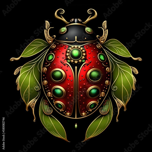 Fototapeta Colorful ladybug beetle mandala art on a black background. Created with Generative AI technology.