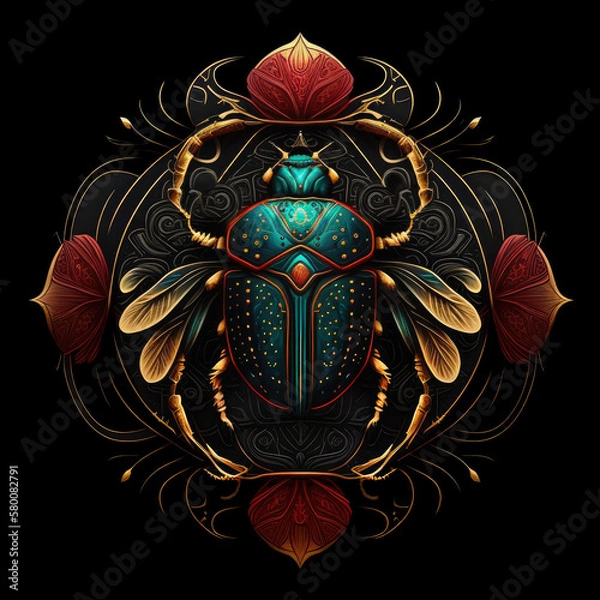 Fototapeta Iridescent blue scarab beetle mandala art on a black background. Created with Generative AI technology.