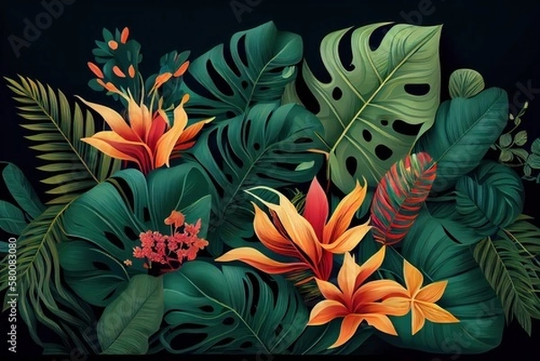 Fototapeta Tropical leaves and flowers pattern on a green background. Generative AI