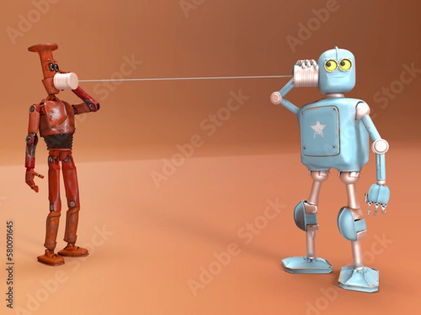 Fototapeta Retro two robots talking on tin can phones. 3d render