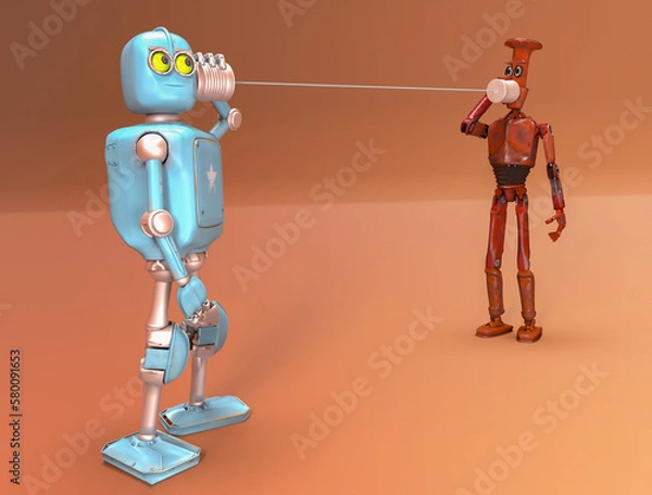 Fototapeta Retro two robots talking on tin can phones. 3d render