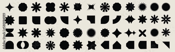 Obraz Brutalist abstract geometric shapes. Y2K Geometric design element shapes. Figures, stars, spiral flower and circles. Bauhaus memphis design geometric silhouette elements design.