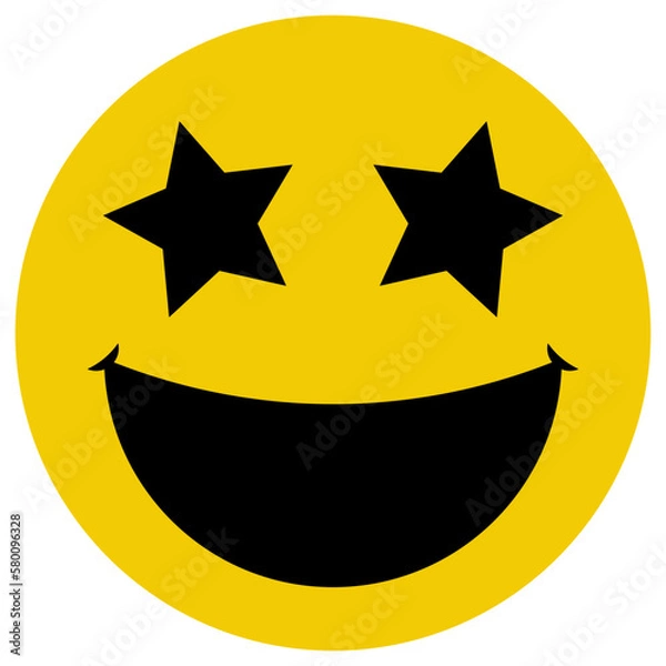 Fototapeta Happy face icon with star eyes, yellow color flat style vector design, funny concept, laughing element object, isolated on white background.