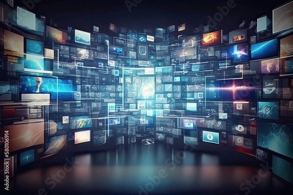 Fototapeta Smart TV Digital Media Wall of Screens Concept. Photo generative AI
