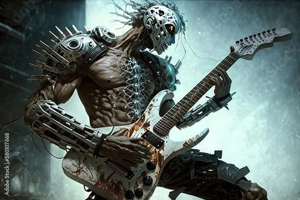 Fototapeta Humanoid cyborg robot playing a guitar. Artificial intelligence concept