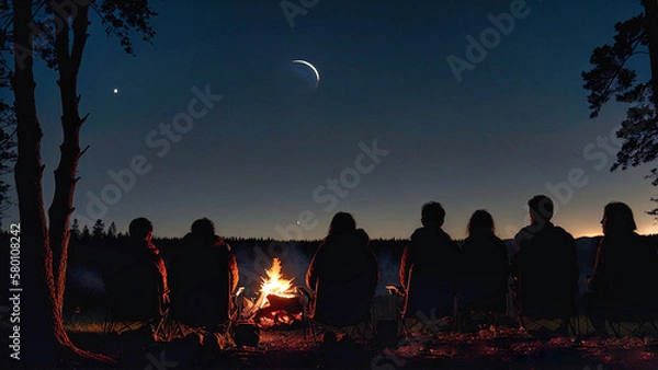 Obraz back photo silhouette of a small group of people sitting in forest at campfire in the night and watching sky with moon, generative AI