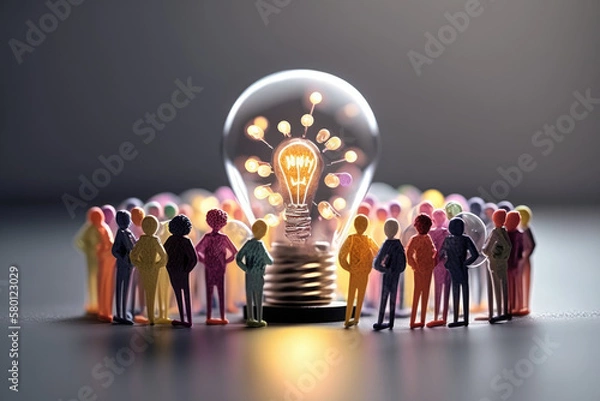 Obraz business illustration. small people characters develop creative business idea. Isometric big light bulb as metaphor idea. Graphics design Generative AI