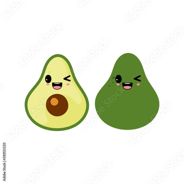 Obraz Frisky avocado with kawaii emoji. Flat design vector illustration of avocado on white background