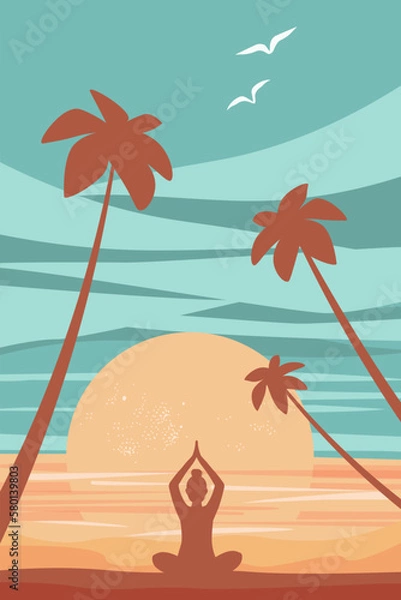 Fototapeta Abstract simple contemporary poster with palm trees, ocean, silhouette of a girl in a lotus position. woman doing yoga on the seashore. Vector graphics.