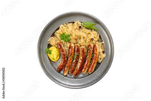 Fototapeta Gebratene Nürnberger  Röstbratwürstchen mit Sauerkraut im Zinnteller  auf weißem Hintergrund - Fried Nuremberg sausages with sauerkraut served on  a pewter plate on white background