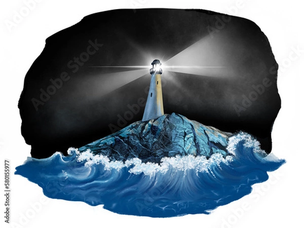 Obraz Lighthouse on rocky island in night stormy weather, illustration