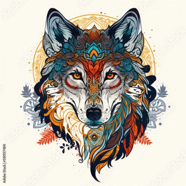 Fototapeta Colorful detailed wolf mandala art on a white background. Created with Generative AI technology.