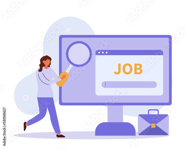 Fototapeta Hiring illustration. Hr manager searching potential job candidates. Characters writing CV and applying for work position. Job recruitment process concept. Vector illustration