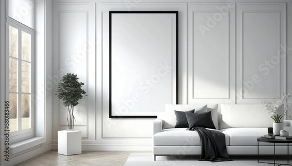 Obraz White frames for custom designs. square frames. Rectangular frames. Frames in minimalist spaces. Unpainted frames on brick walls and unpainted pictures on pastel walls. Generated by AI.
