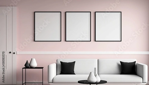 Fototapeta White frames for custom designs. square frames. Rectangular frames. Frames in minimalist spaces. Unpainted frames on brick walls and unpainted pictures on pastel walls. Generated by AI.