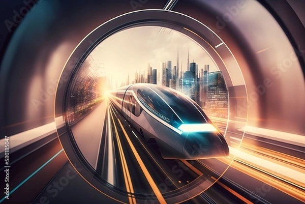 Fototapeta High-speed train rushing through a glass-encased tunnel. Futuristic mobility and innovation technology of the public transport in future. Generative AI.